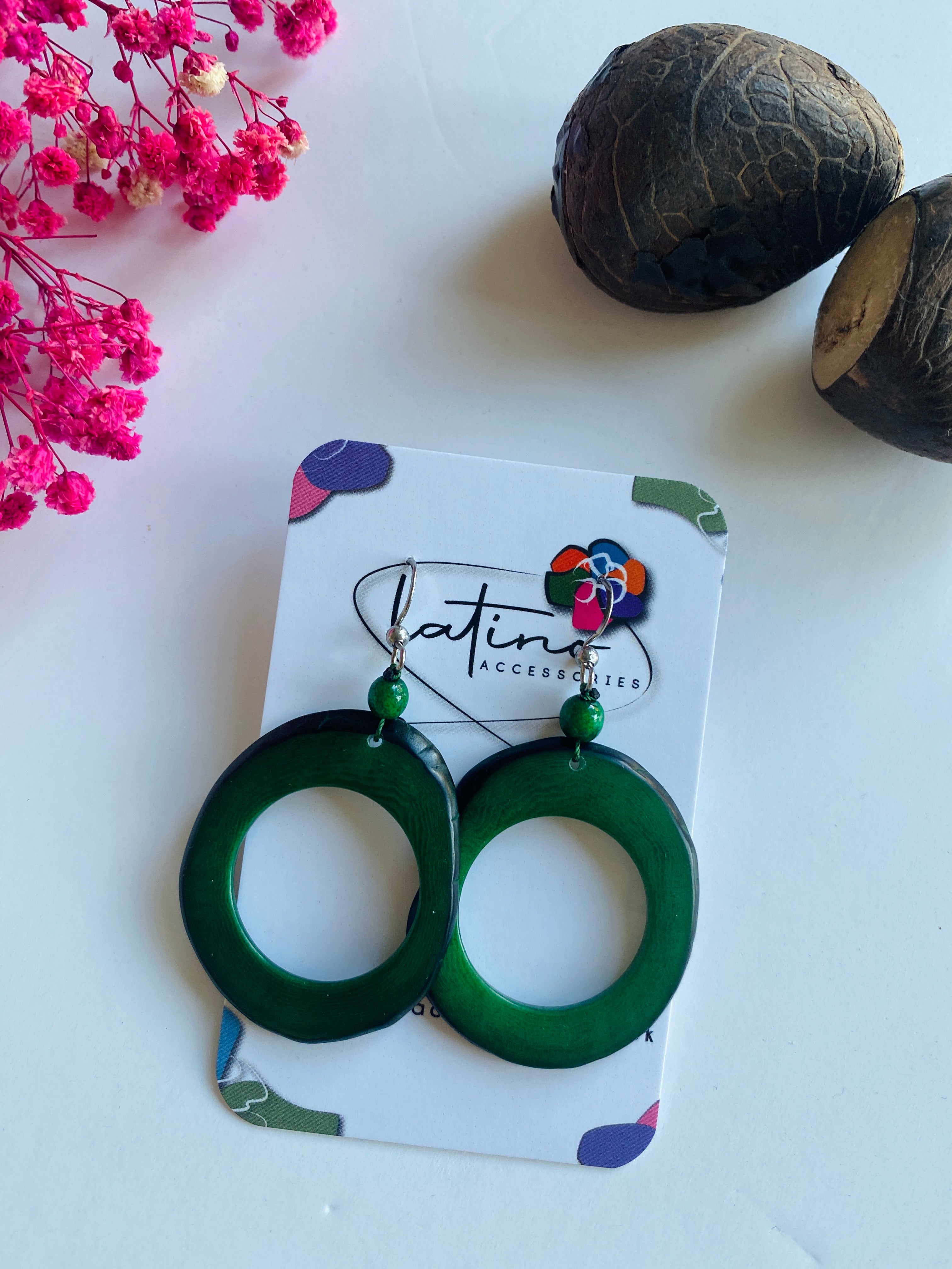 Green Hoops Tagua Earrings